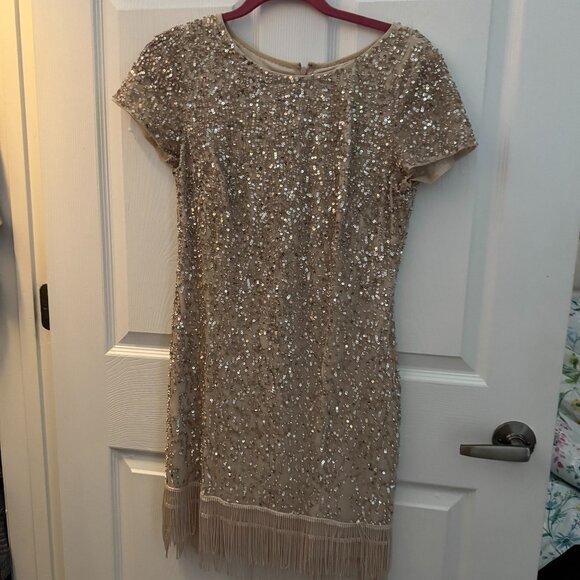 Rose Gold Sequin cocktail Dress with fringe on the bottom - Picture 4 of 9